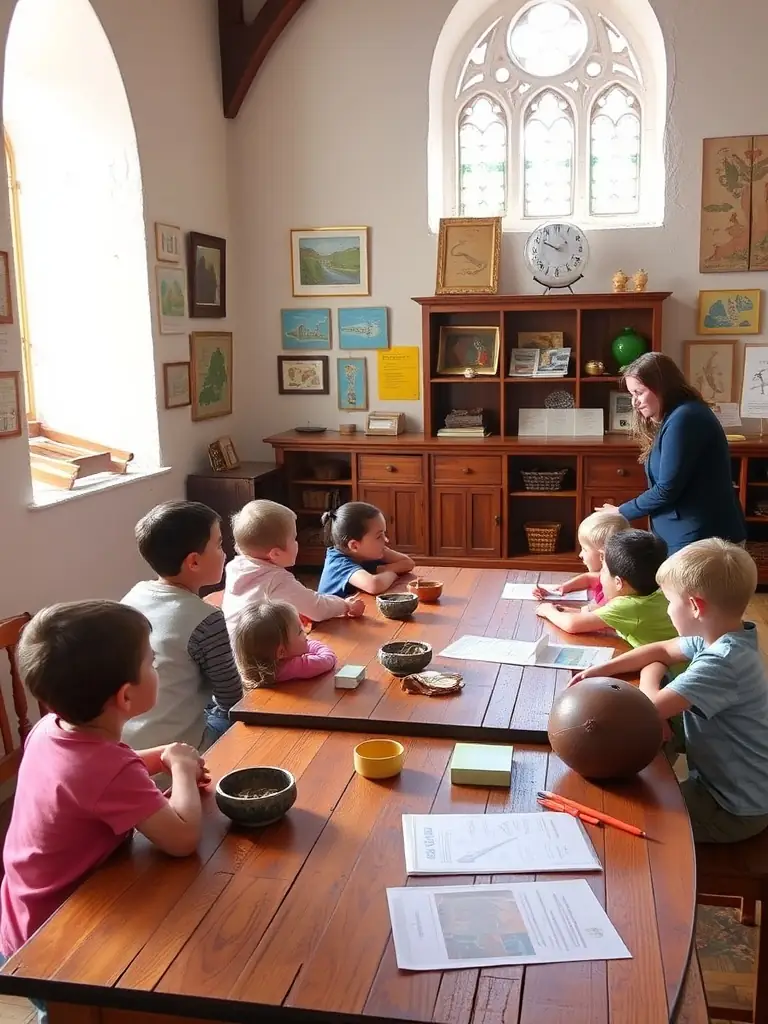 A photo of children participating in an educational workshop at the priory, learning about the history and art of the region.