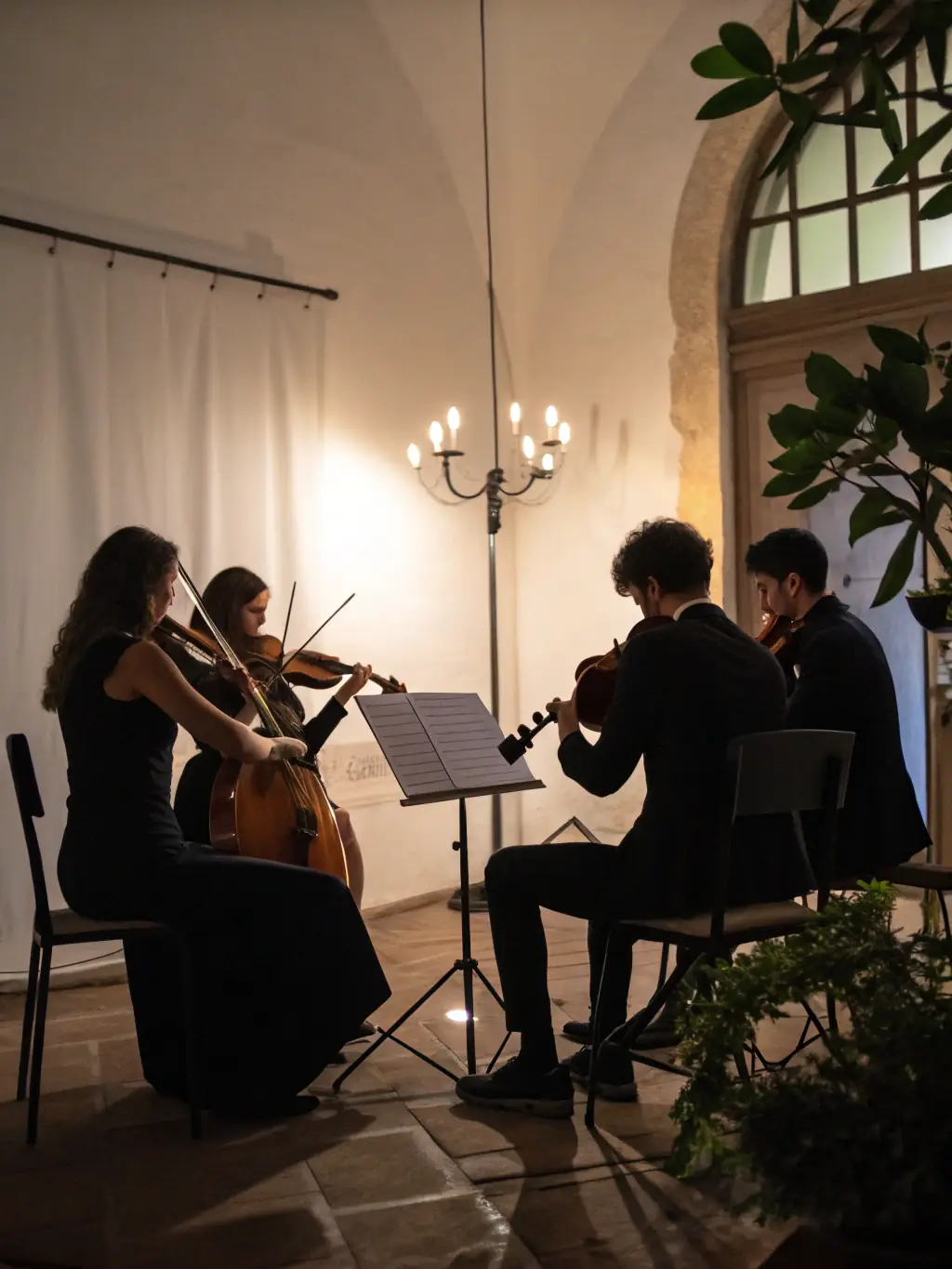 A vibrant photo of a classical music concert held within the priory's chapel, with musicians and attendees enjoying the performance.