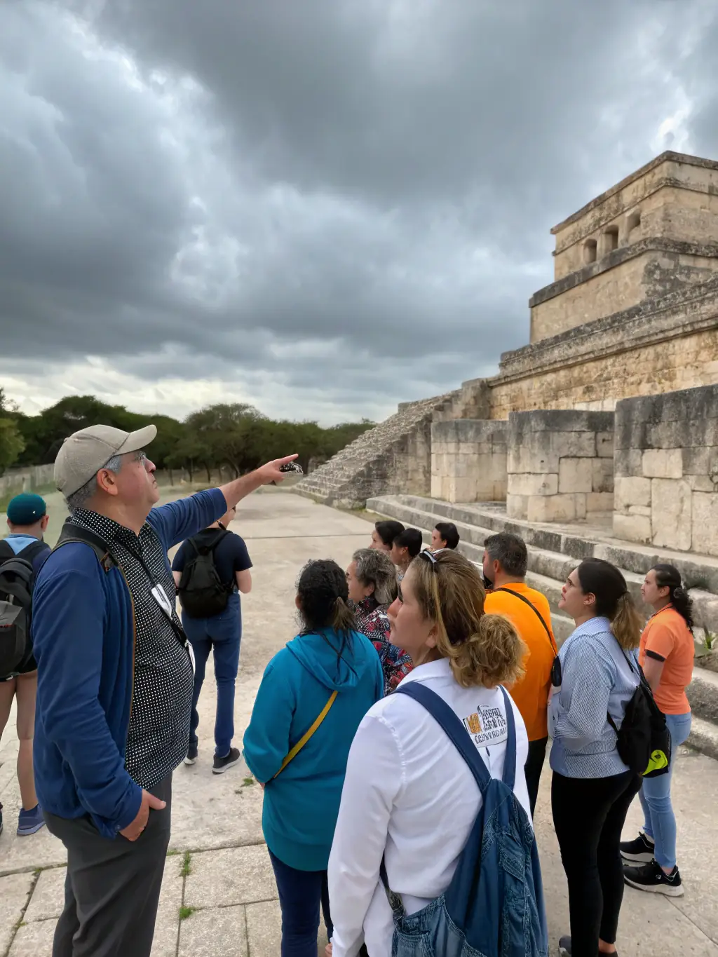 A guided tour group listening attentively as a guide explains the history and architecture of the priory, with the building's facade in the background.