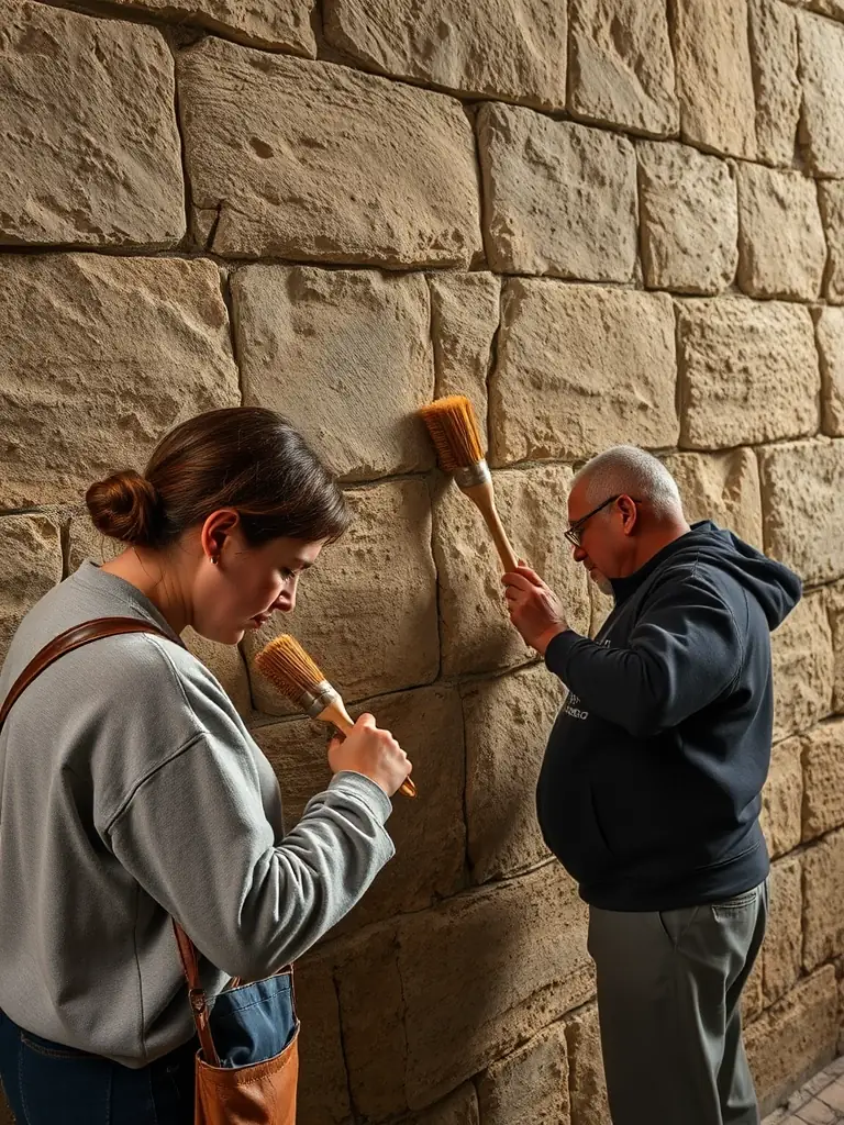 A group of volunteers carefully cleaning ancient stone artifacts inside the priory, showcasing their dedication to preserving historical items.