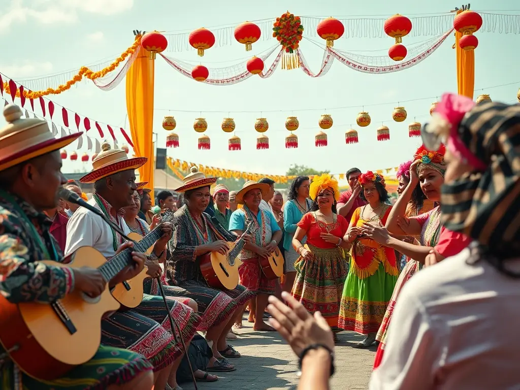 A vibrant scene from a cultural event held at the priory, featuring musicians, artists, and community members enjoying the festivities. The image should capture the lively atmosphere and the priory's role as a cultural hub.