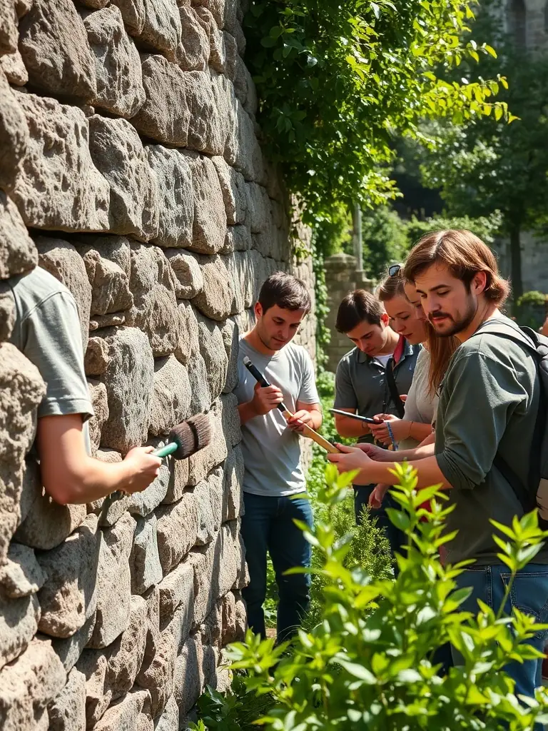 A photograph capturing volunteers meticulously restoring a section of the priory's stone wall, showcasing their dedication to preserving the historical structure.