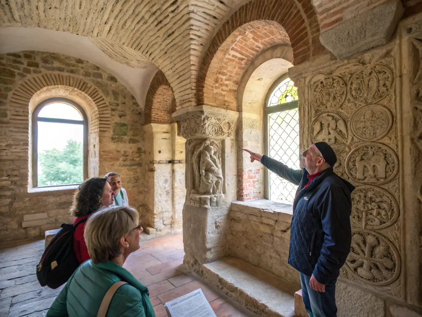 A knowledgeable guide leading a group of visitors through the priory, pointing out architectural details and sharing historical anecdotes. The image should convey the educational and engaging nature of the guided tours.